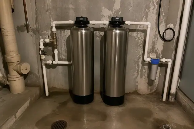 Stainless steel water filtration system with PVC piping in a mechanical room in Phoenix, AZ.