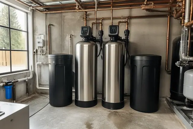 Commercial water softener system with industrial brine tanks and copper piping in a mechanical room in Tempe, AZ.