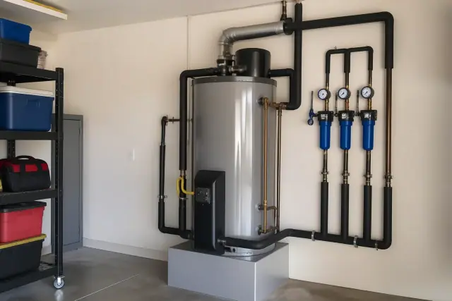 Commercial water heater installation with insulated pipes and gauges in a garage in Tempe, AZ.