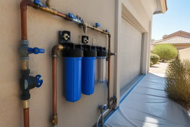 Water filtration system installation with filter housings and valves at a house in Tempe, AZ.