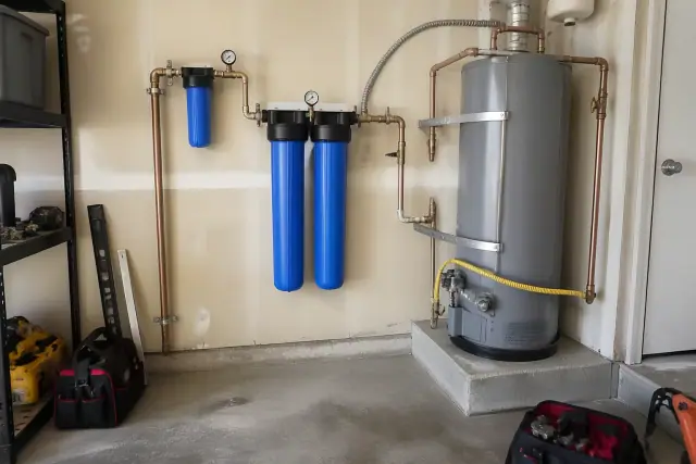 Residential water filtration system installed in a Tempe, AZ garage next to a water heater.
