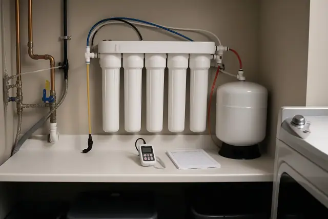 Five-stage reverse osmosis water filtration system installed in a laundry room in Tempe, AZ.