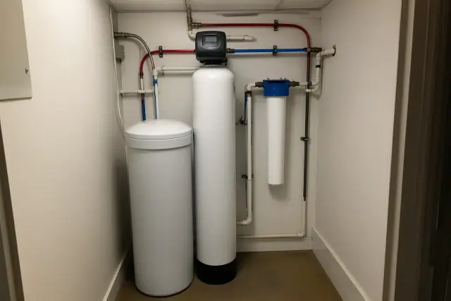 Water softener and filtration system installed in a utility closet in Mesa, AZ.