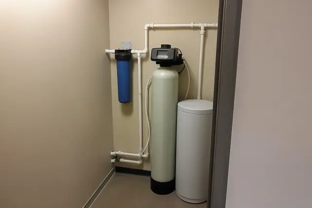 Water softener and filtration system installed in a utility closet in Gilbert, AZ.
