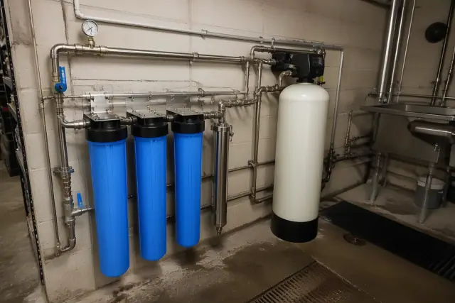 Water filtration and softener system with blue filters and stainless steel pipes in a restaurant utility room, Peoria, AZ.