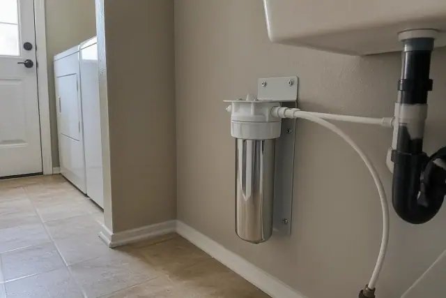 Water filtration system installed under a laundry room sink in Tempe, AZ.