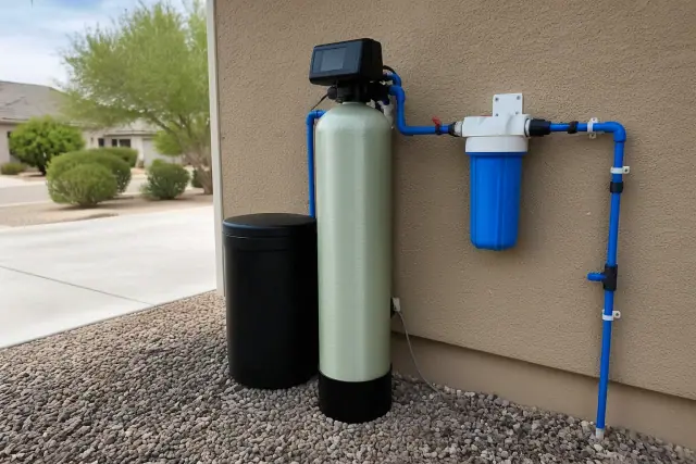 Water softener and filtration system installed on an exterior wall of a home in Chandler, AZ.