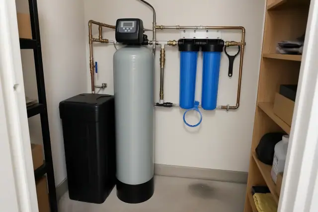 Water softener and filtration system with copper piping installed in a Phoenix, AZ office utility closet.