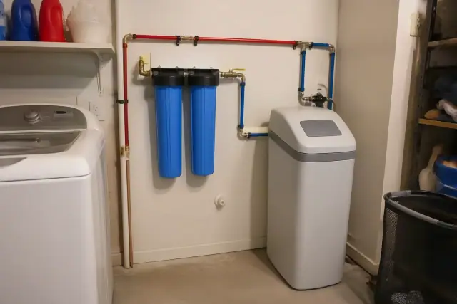 Whole-home water filtration and softener system with PEX piping installed in a Tempe, AZ laundry room.