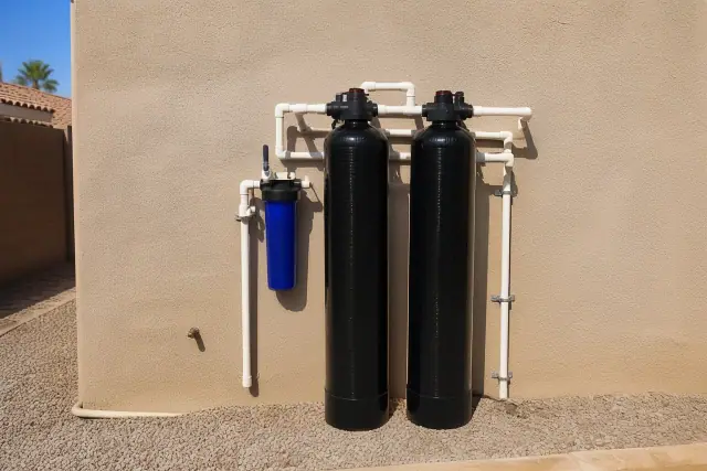 Carbon filtration system tanks with PVC piping on a tan stucco wall at a house in Tempe, AZ.