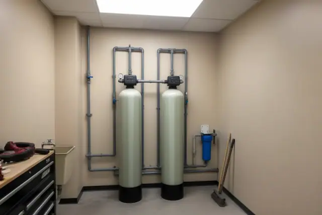 Two large PFAS water filtration tanks with grey PVC piping in a utility closet in Tempe, AZ.