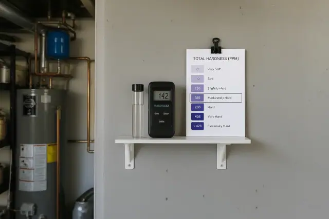 Water quality test kit with a glass vial and digital meter on a garage wall in Tempe, AZ.