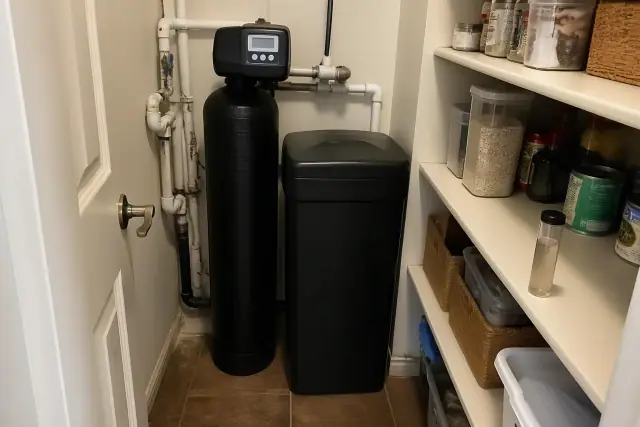 Water softener installed with white PVC plumbing on a pantry shelf in a Tempe, AZ home.