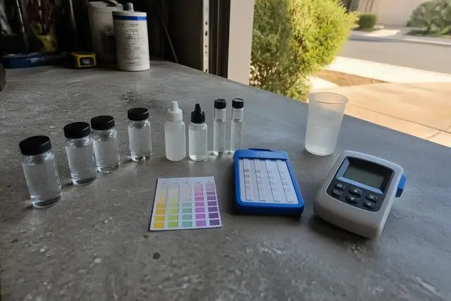 Water testing kit with vials and digital monitor on a garage workbench in Tempe, AZ.