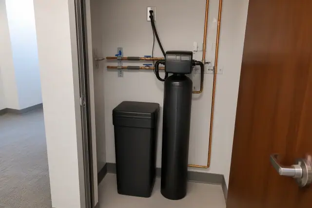 Water softener installed with copper piping in a utility closet in Tempe, AZ.