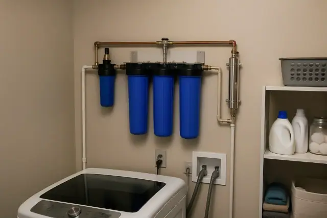 Whole house water filtration system installed on a laundry room wall in Tempe, AZ.