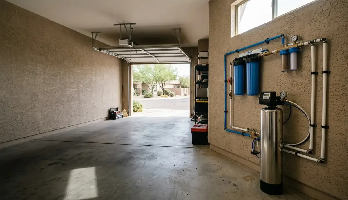 Water filtration equipment installed in a Tempe garage