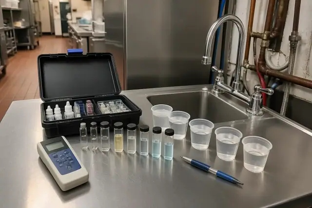 In-home water testing kit with vials and a digital meter on a stainless steel table in a Tempe, AZ restaurant kitchen.