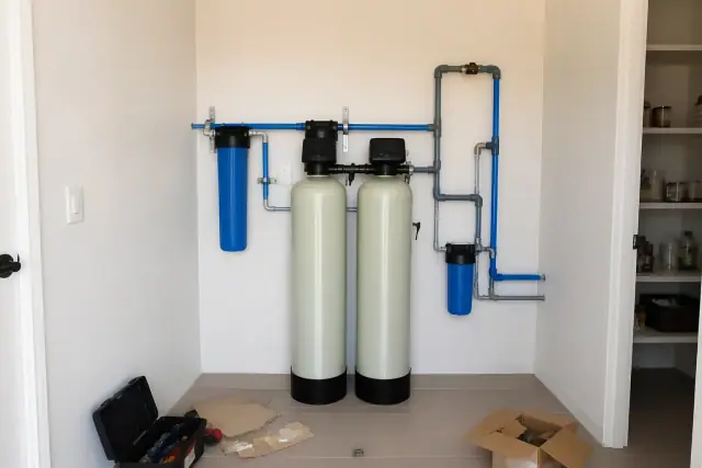 Two residential water filtration tanks with blue and grey plumbing installed on a pantry wall in Tempe, AZ.