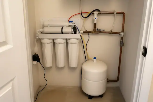Reverse osmosis water filtration system installed in a utility closet in Goodyear, AZ.