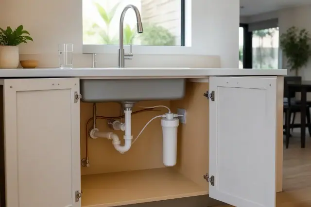Under-sink water filtration system installed in a kitchen cabinet in Tempe, AZ.