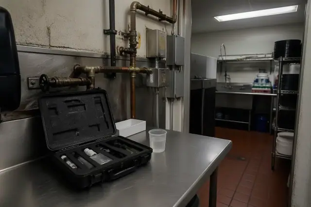 Water quality testing kit on a stainless steel prep table in a Tempe, AZ restaurant utility area.