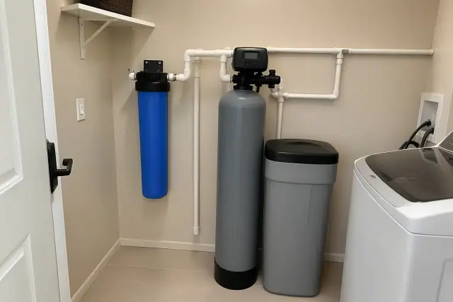 Whole-home water filtration and softener system installed in a laundry room in Goodyear, AZ.