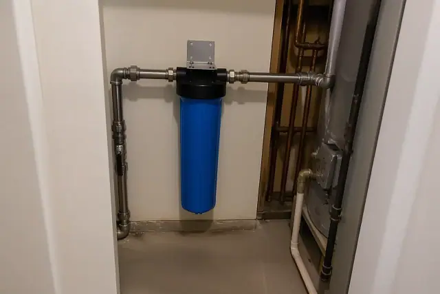 Whole-home water filtration system with blue filter housing and stainless steel pipes in a Surprise, AZ apartment closet.