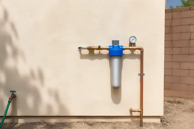 Newly installed sediment water filter with copper piping and a pressure gauge on an exterior wall in Tempe, AZ.