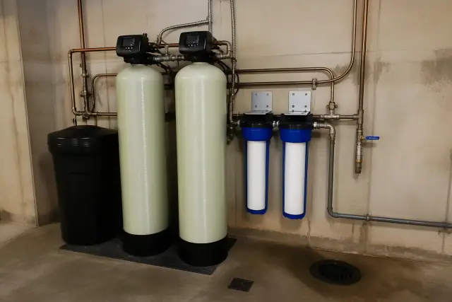 Industrial water softener system with white filter cartridges in a mechanical room in Tempe, AZ.