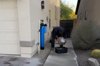 Service technician organizing tools and inspecting a water filtration setup by a garage in Tempe, AZ.