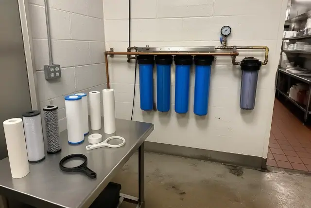 Water filtration system installed in a commercial restaurant utility area in Tempe, AZ.