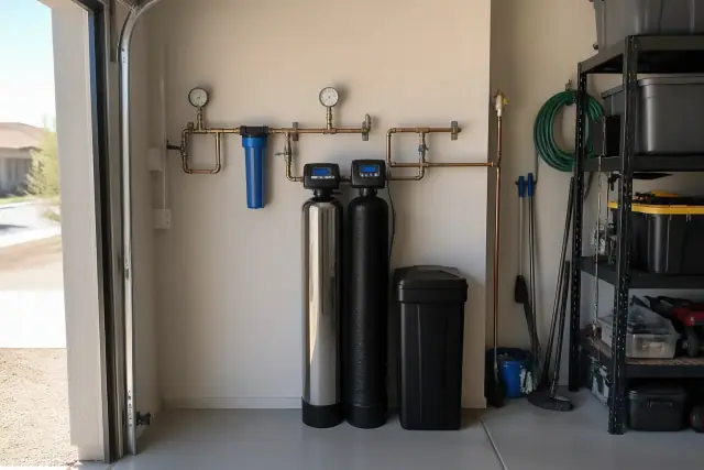 Whole-house water filtration system with copper piping installed on a garage wall in Tempe, AZ.