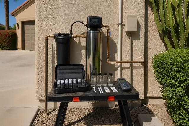 Water quality testing kit with vials and a digital meter on a workbench against a stucco wall in Tempe, AZ.