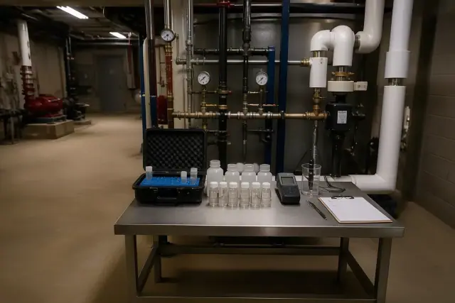 Water sampling vials and testing equipment on a workbench in a commercial mechanical room in Tempe, AZ.