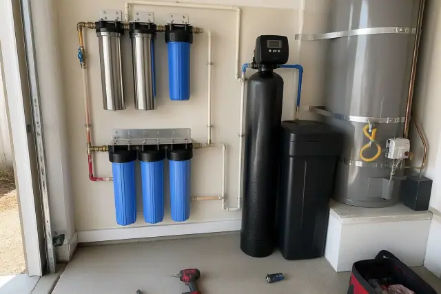 Water softener and PFAS filtration system installed in a garage in Avondale, AZ.