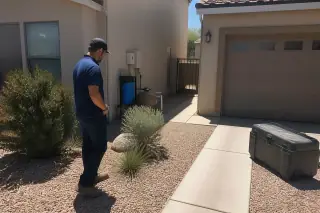Service professional inspecting a water filtration work zone by a garage in a Tempe, AZ desert yard.