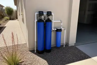 Water filtration system with professional piping and plumbing connections against a garage wall in Tempe, AZ.