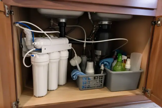 Newly installed water filtration system with plumbing and canisters under a kitchen sink in a Tempe, AZ home.