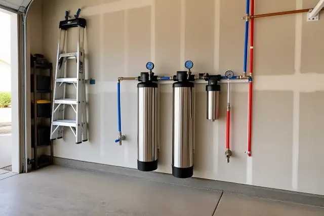 PFAS water filtration system with stainless steel housings and blue gauges installed in a garage in Glendale, AZ.