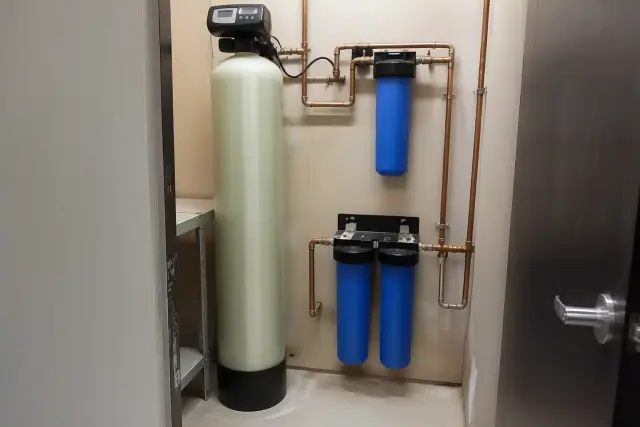 PFAS water filtration system with blue filters and copper pipes inside a utility closet in Tempe, AZ.