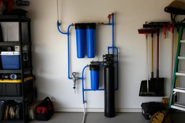 PFAS water filtration system installed on a residential garage wall in Chandler, AZ.