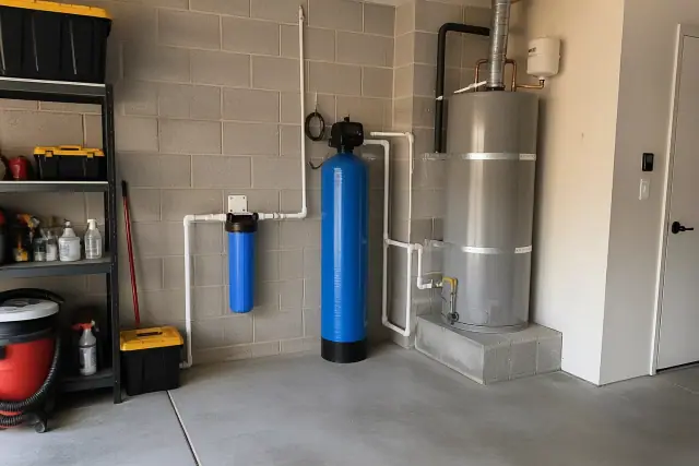 PFAS water filtration system installed in a residential garage corner in Chandler, AZ.