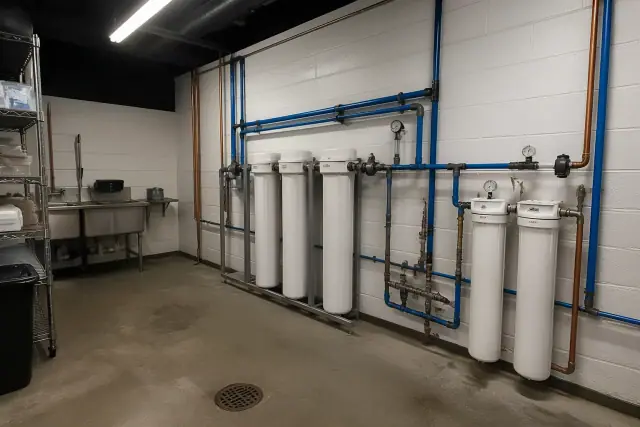 Industrial PFAS water filtration system installed in a commercial restaurant utility room in Phoenix, AZ.
