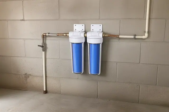 Two white sediment filter canisters mounted on a garage wall in Tempe, AZ.