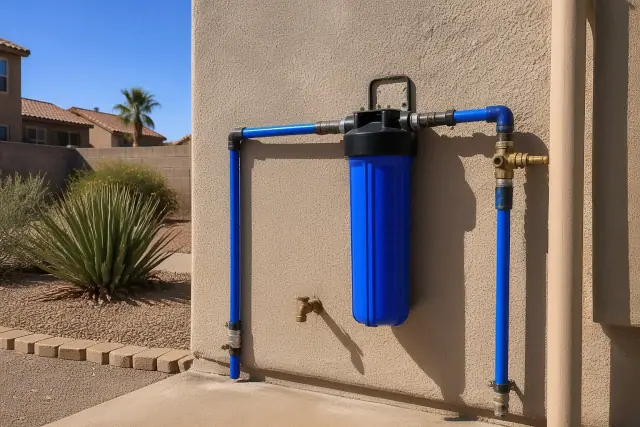 Water filtration system installed on a stucco exterior wall of a home in Tempe, AZ.
