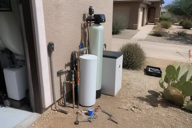 Water filtration system installation with plumbing tools at a job site in Tempe, AZ.