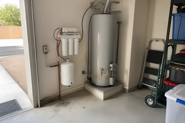 Reverse osmosis water filtration system installed in a residential garage corner in Tempe, AZ.