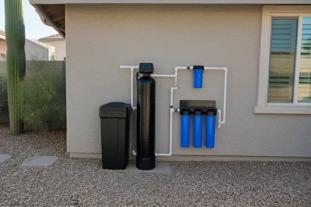 Water softener and reverse osmosis system installed on a stucco wall in Mesa, AZ.