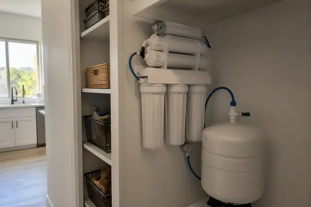 Reverse osmosis water filtration system installed on a pantry wall in a home in Scottsdale, AZ.